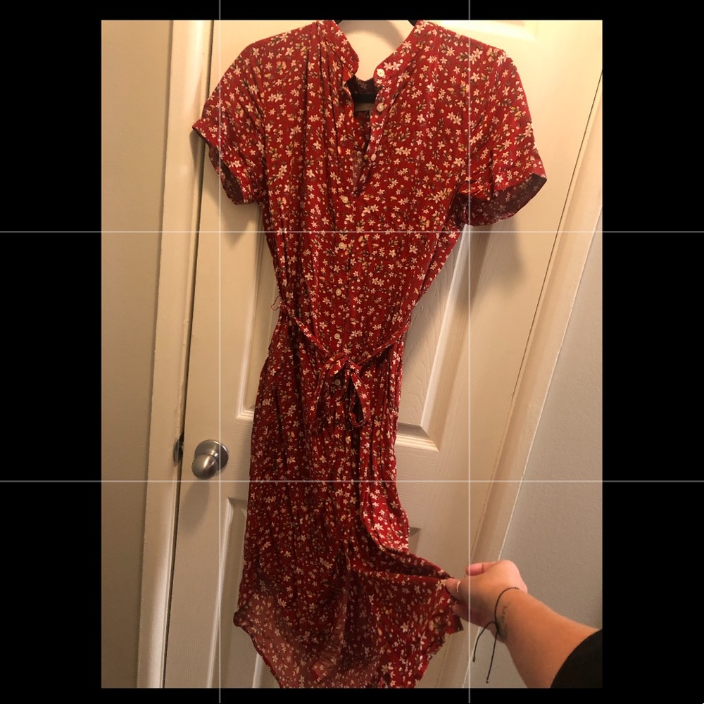 Loft red floral dress with pockets and tie belt